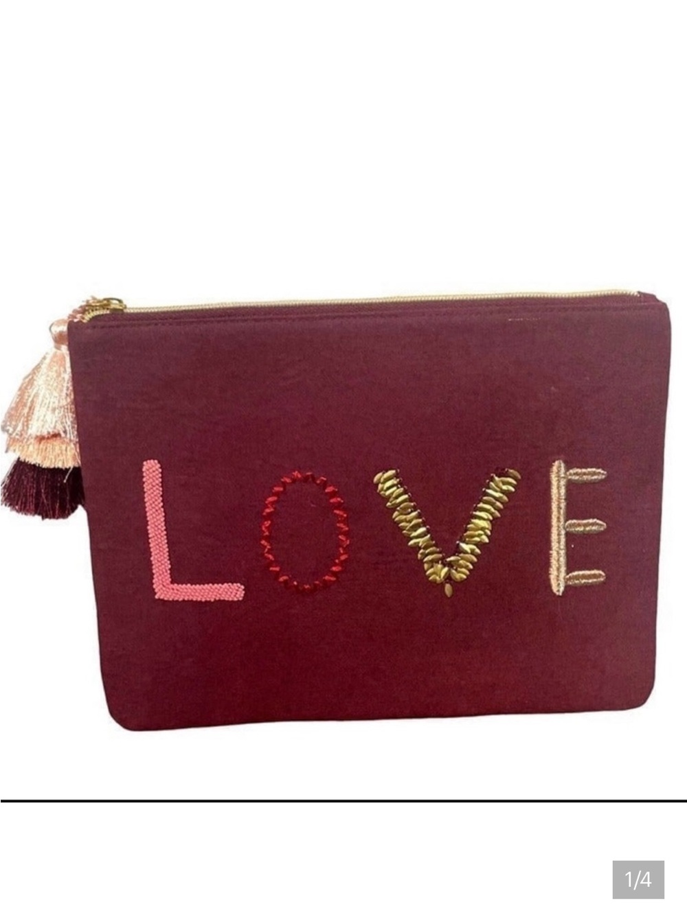 STELLA & DOT Pegaus "LOVE" Zip Top Pouch Burgundy NWOT